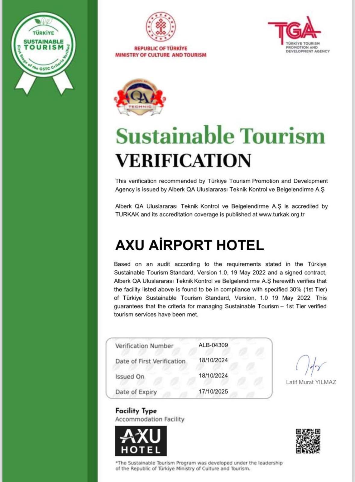 Axu Airport Hotel Arnavutkoy Exterior photo A certificate of the TURQA